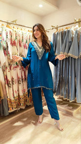 Natural Crepe Blue Mirror Kurta Set